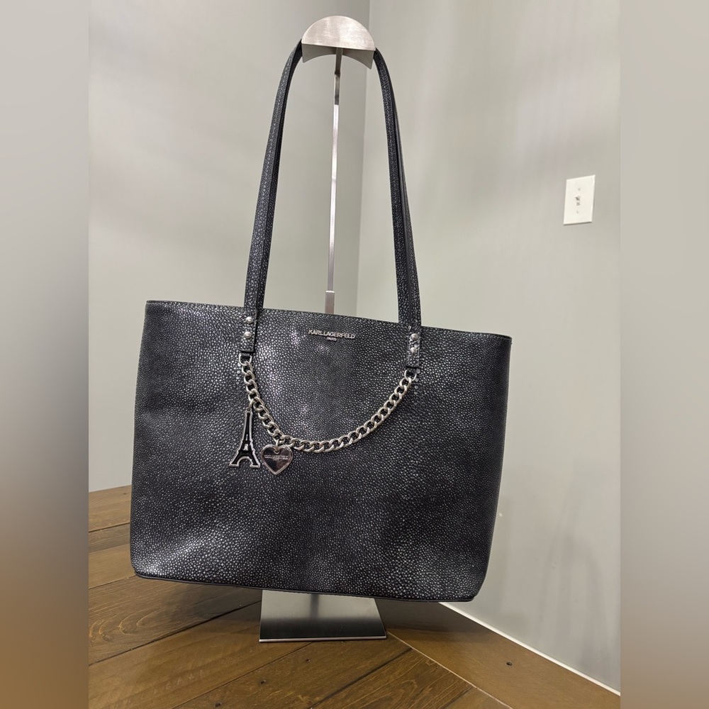 Karl Lagerfeld Paris Maybelle Tote in Black Faux Leather with Charm Chain